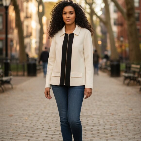 Chico's Sz 2 L Black & White Tuxedo Stripe Placket Ponte Knit Zip Jacket Lined - Picture 1 of 7